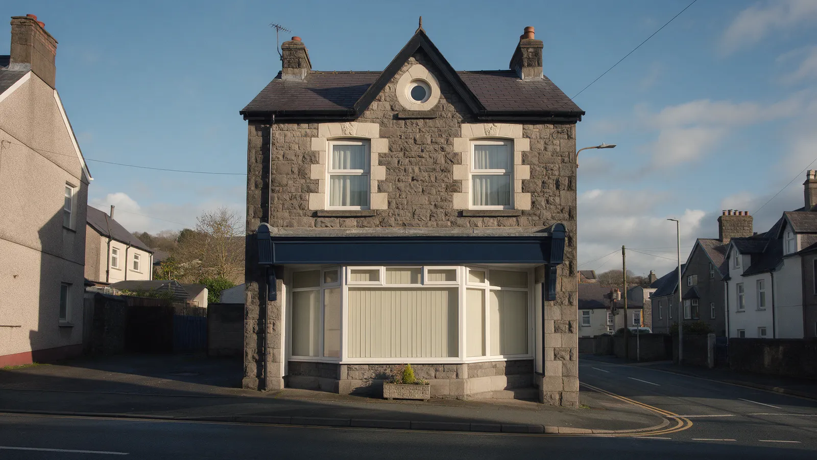A Victorian stone-fronted funeral home on a quiet street in a Welsh town, a navy fascia, a bay window with cream blinds and a small planter