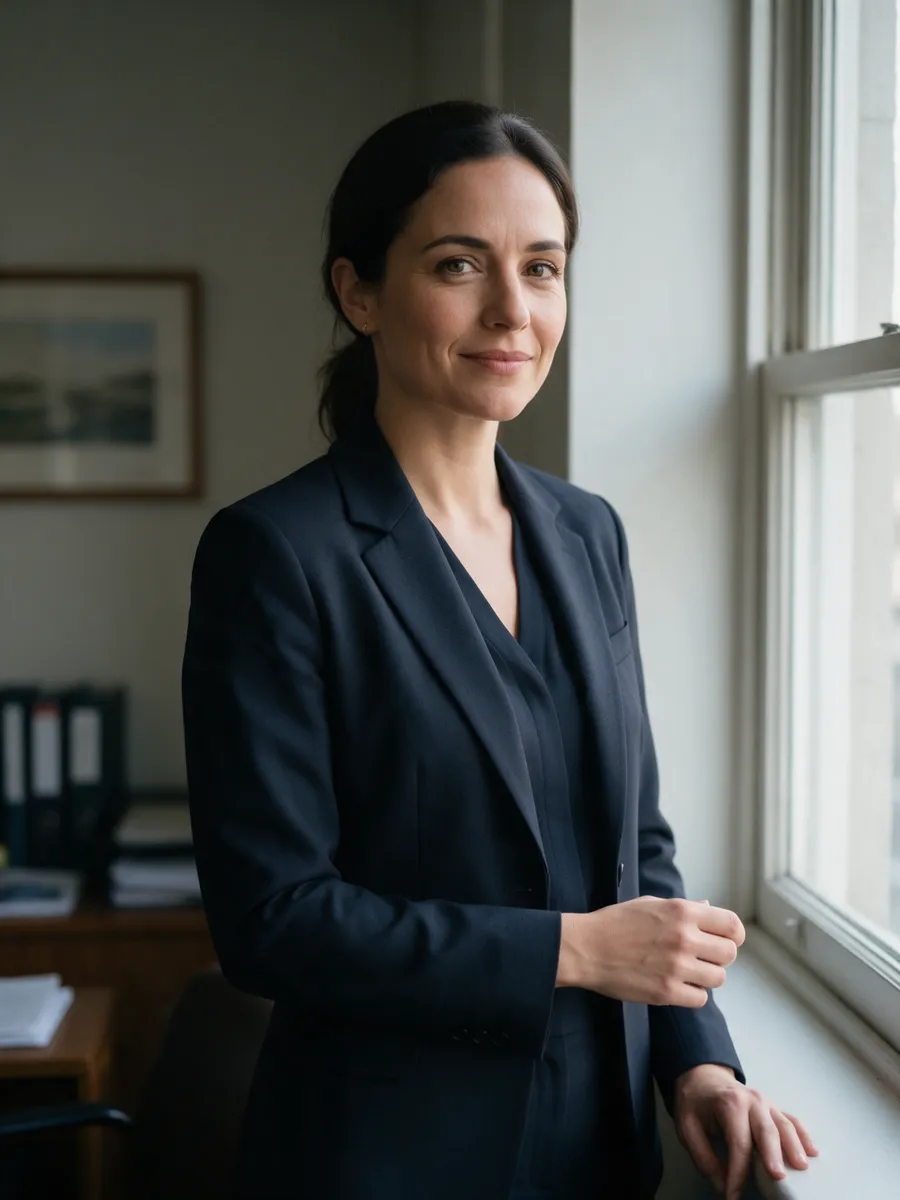 Catrin Morgan, a woman in her mid-thirties with dark hair tied back in a dark navy suit, standing by a window in a quiet office