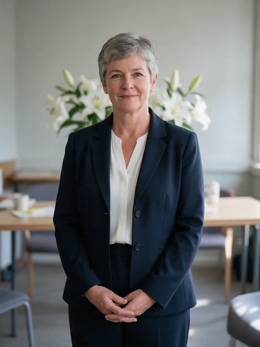 Eleri Morgan, a woman in her late fifties with short grey hair in a dark navy suit and white blouse, in the arrangement room with lilies behind her