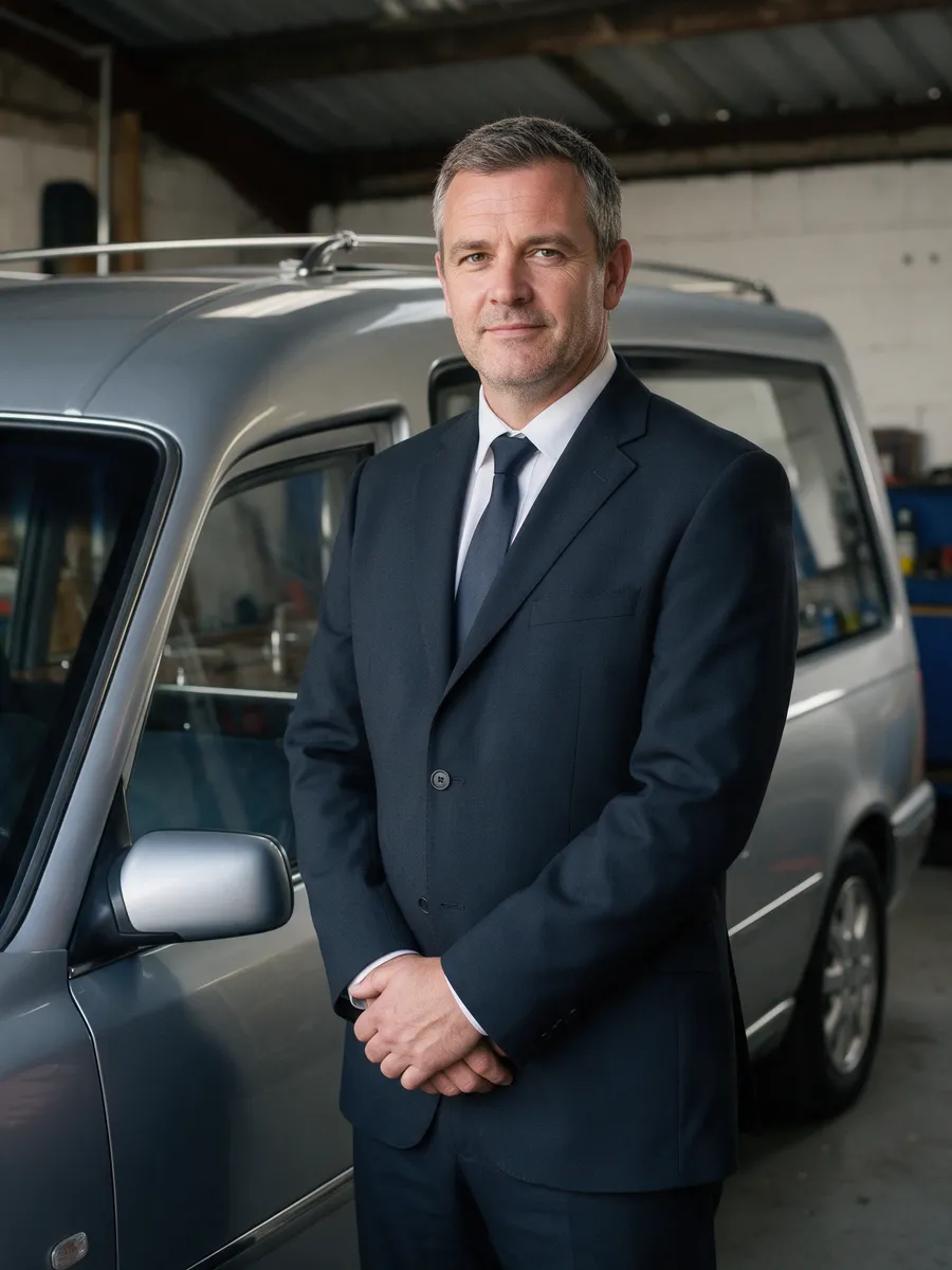 Huw Rees, a man in his mid-forties with short greying hair in a dark suit and tie, standing beside a silver-grey hearse in a garage