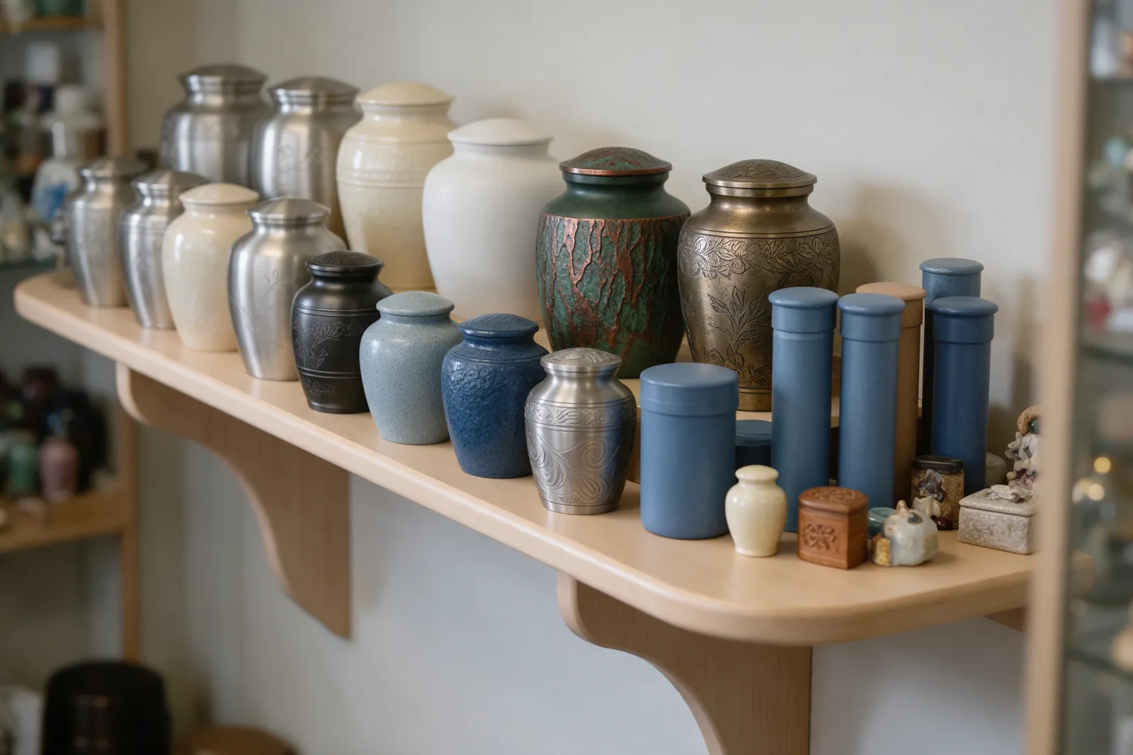 A display of memorial urns, scatter tubes and small keepsakes on a pale wooden shelf in a quiet funeral home showroom