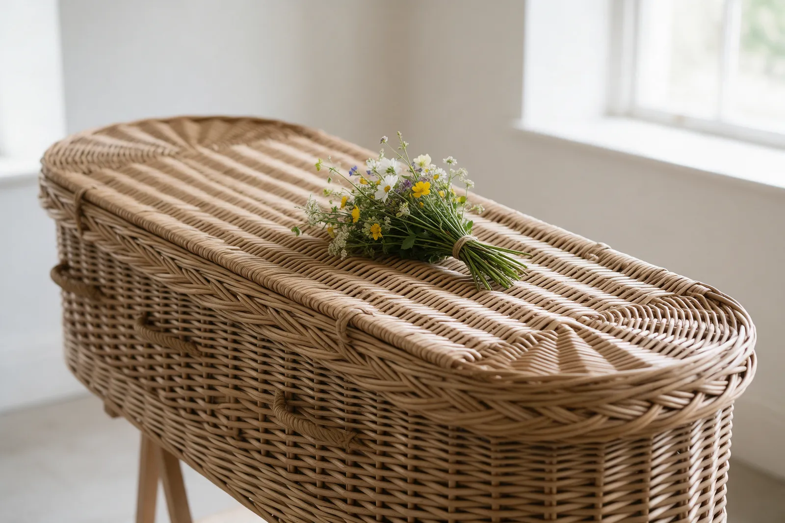 A willow wicker coffin with a simple wildflower posy on top, in a bright room with pale walls