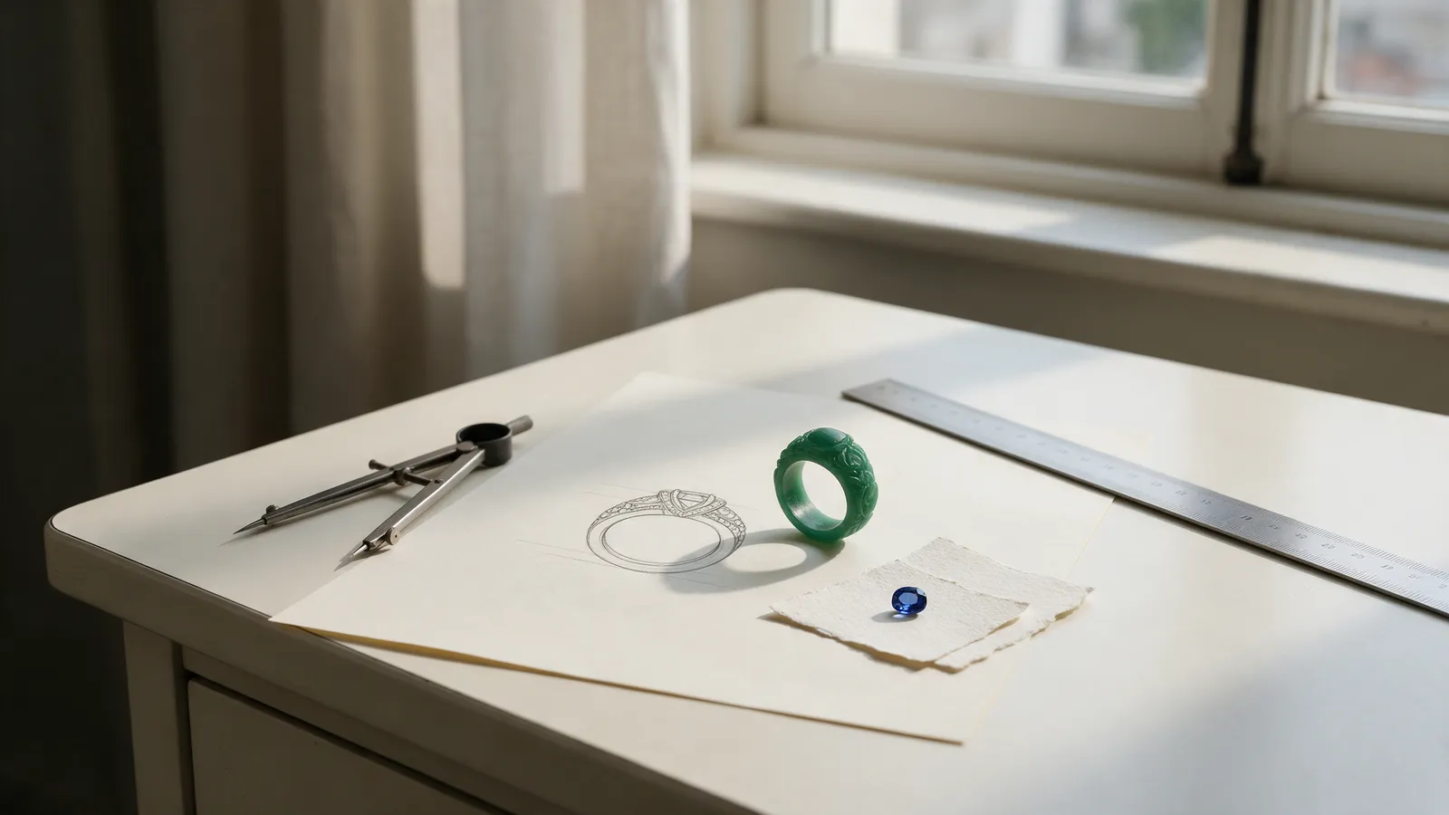 A bespoke ring design in progress on a desk: a pencil sketch on cream paper, a green carved wax ring model, a small sapphire in a stone paper and a pair of dividers
