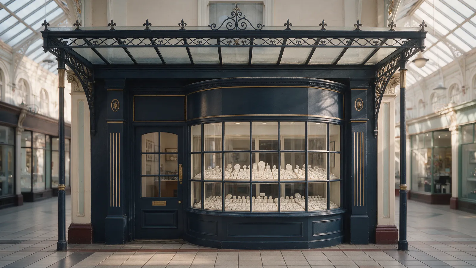 The exterior of a small traditional jewellers inside a Victorian glass-roofed shopping arcade in Cardiff: a dark navy painted timber shopfront with gold detailing, a bow window of ring displays, tiled floor and ironwork above