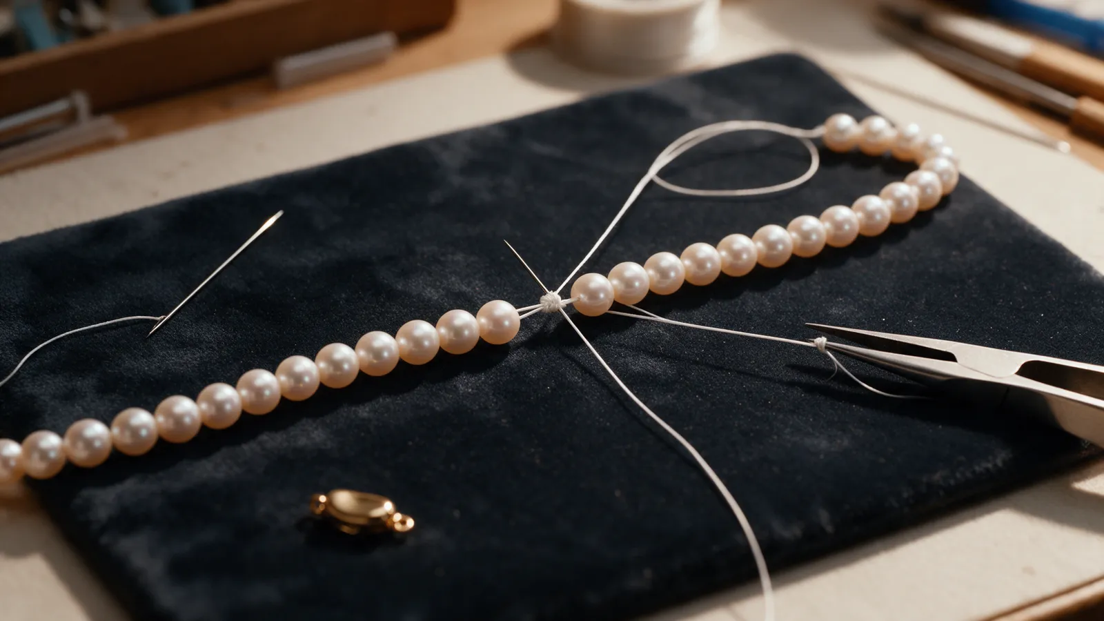 A strand of pearls being re-threaded and knotted by hand on a dark velvet mat, a fine needle, silk thread, knotting tweezers and a small gold clasp