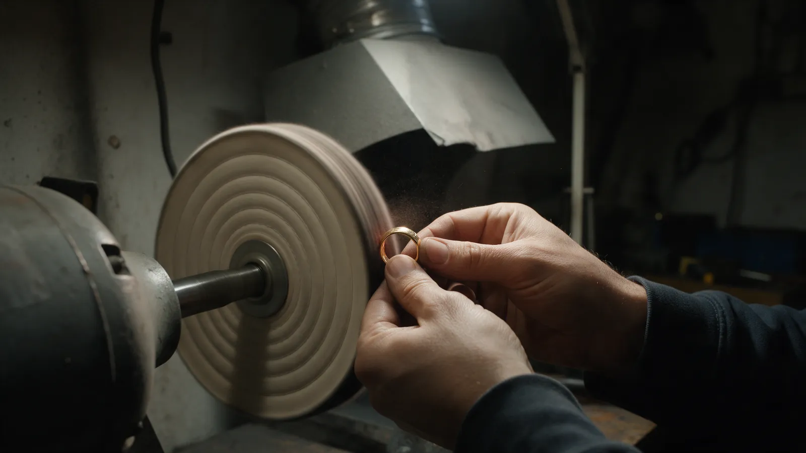 A jeweller polishing a gold ring on a spinning calico polishing wheel in a small workshop, hands in focus, a dust extractor hood behind
