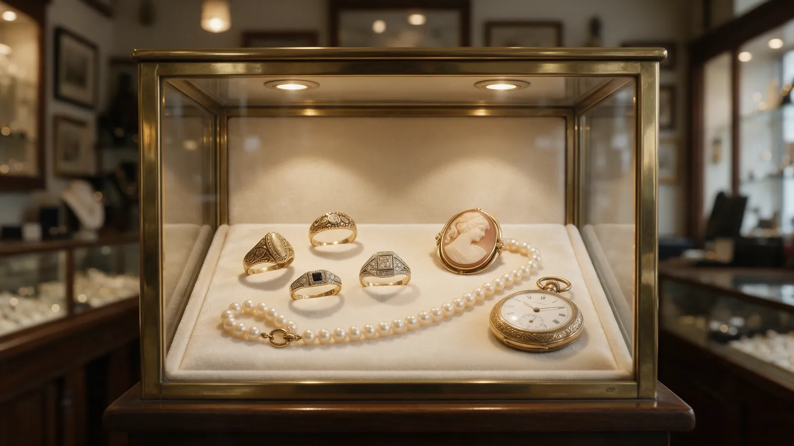 A brass-framed glass display cabinet of pre-owned and antique jewellery: Victorian and Art Deco rings, a cameo brooch, a string of pearls and a gold pocket watch on ivory velvet
