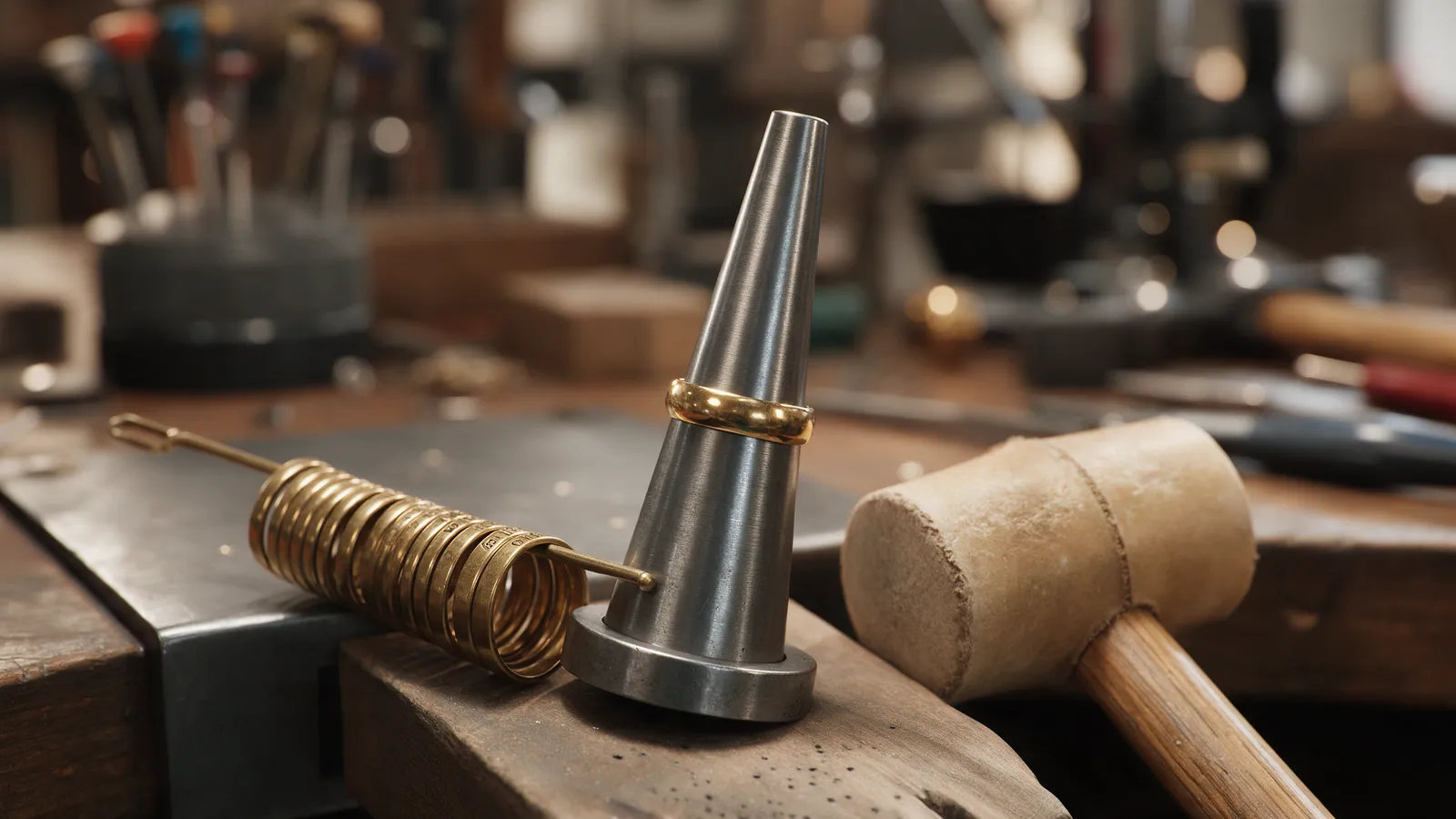 A gold ring on a steel ring mandrel with a brass ring sizer and a rawhide mallet on a bench