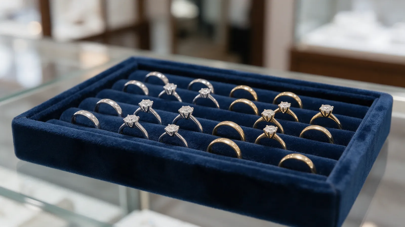 A tray of platinum and yellow gold wedding bands and solitaire diamond rings set in a midnight blue velvet ring tray on a glass counter