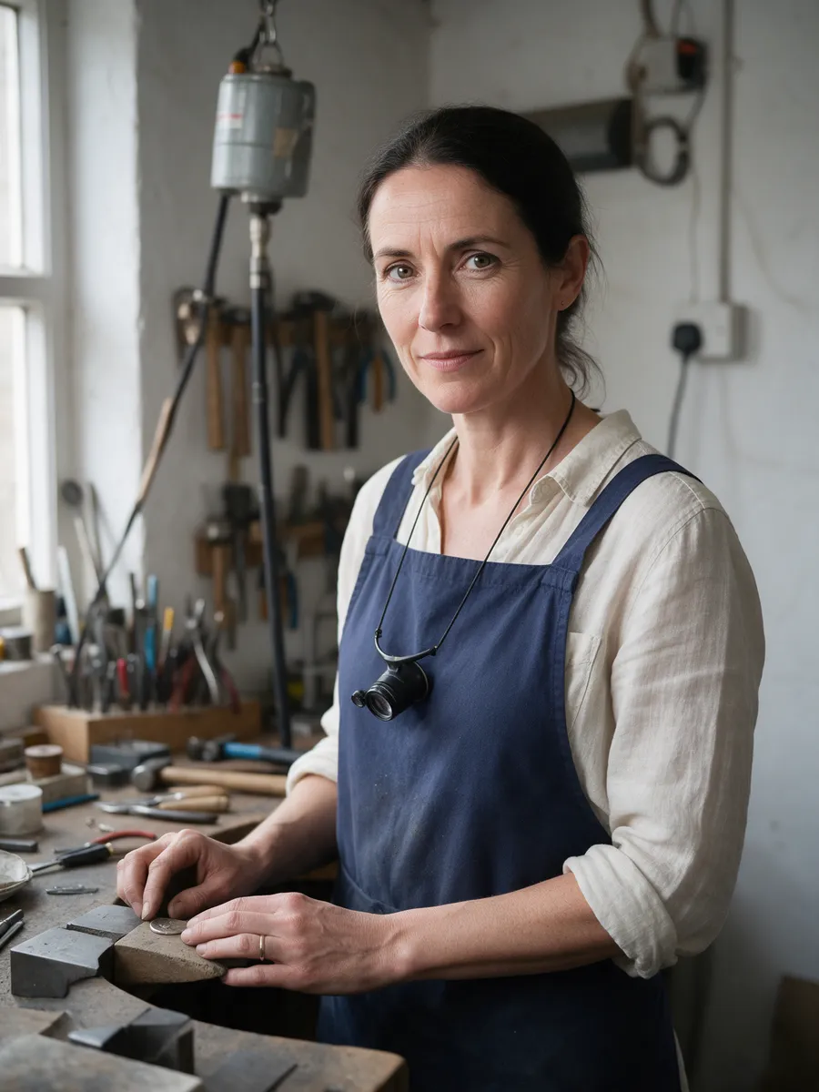 Elin Morgan, a woman goldsmith in her mid-forties with dark hair tied back, in a navy apron over a cream shirt, standing at her bench in a small workshop with a loupe round her neck