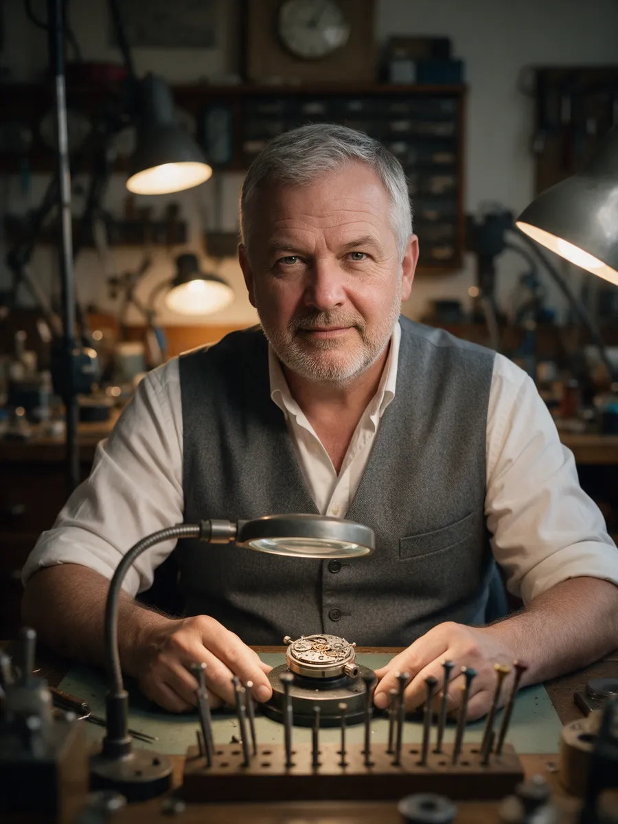 Tomos Price, a watchmaker in his late fifties with grey hair and a short beard, in a grey waistcoat and white shirt, seated at a watchmaker's bench with a movement under a magnifier