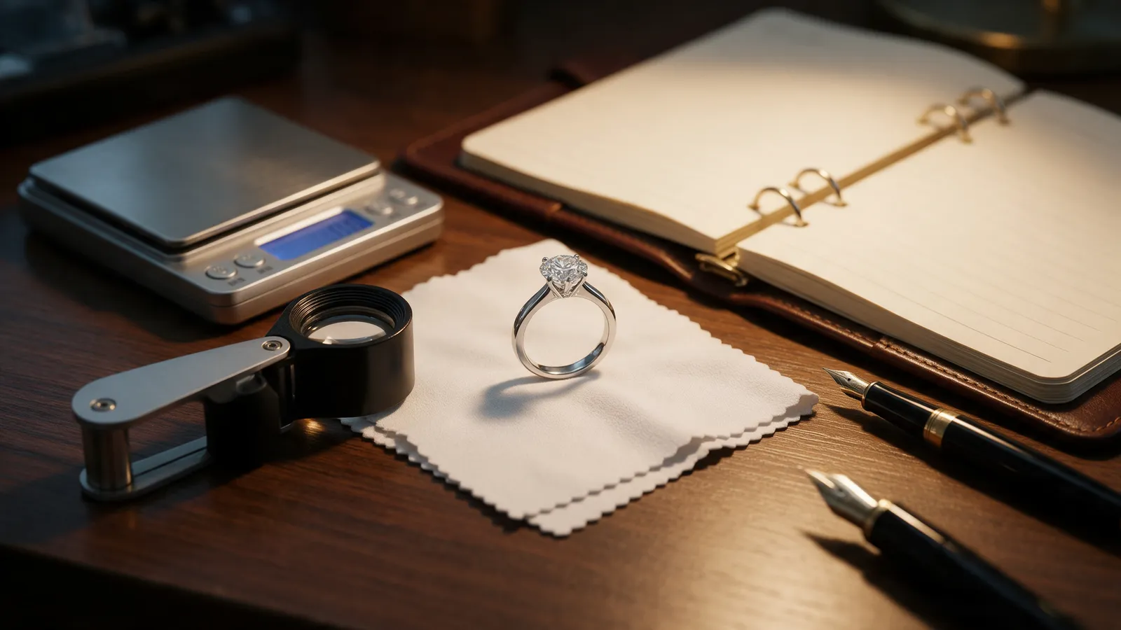A diamond ring on a white gem cloth beside a jeweller's loupe, a digital gem scale, a leather-bound ledger and a fountain pen on a dark wood desk
