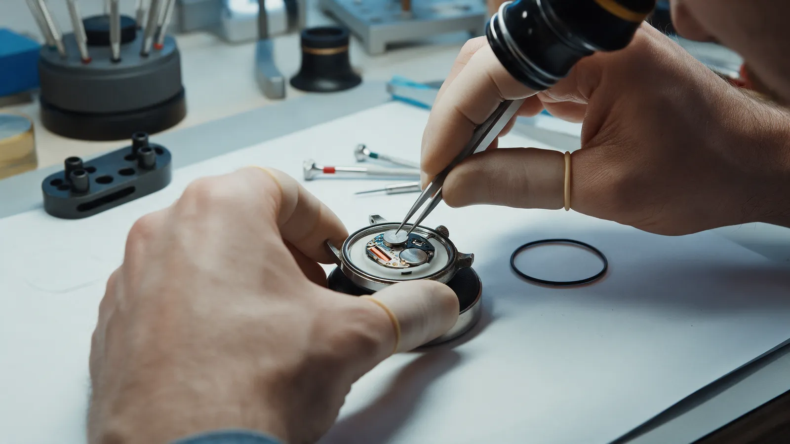 A watchmaker's hands with a loupe fitting a new battery into an open wristwatch case back with fine tweezers, a case opener and gasket on a white bench mat