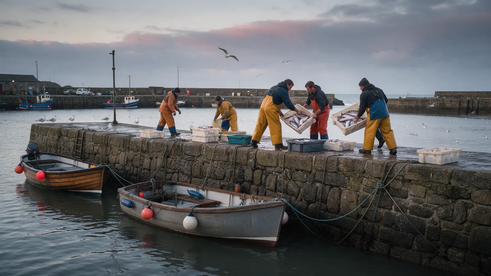 Small fishing boats tied up at a harbour wall at dawn, crates of fish being lifted ashore under a grey Welsh sky