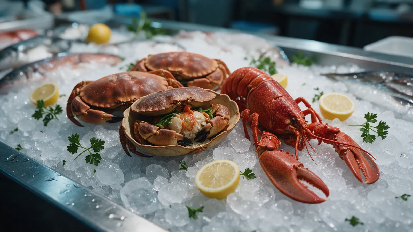 A dressed brown crab in its shell beside two live crabs and a lobster on crushed ice at a fishmonger's counter, lemons and parsley