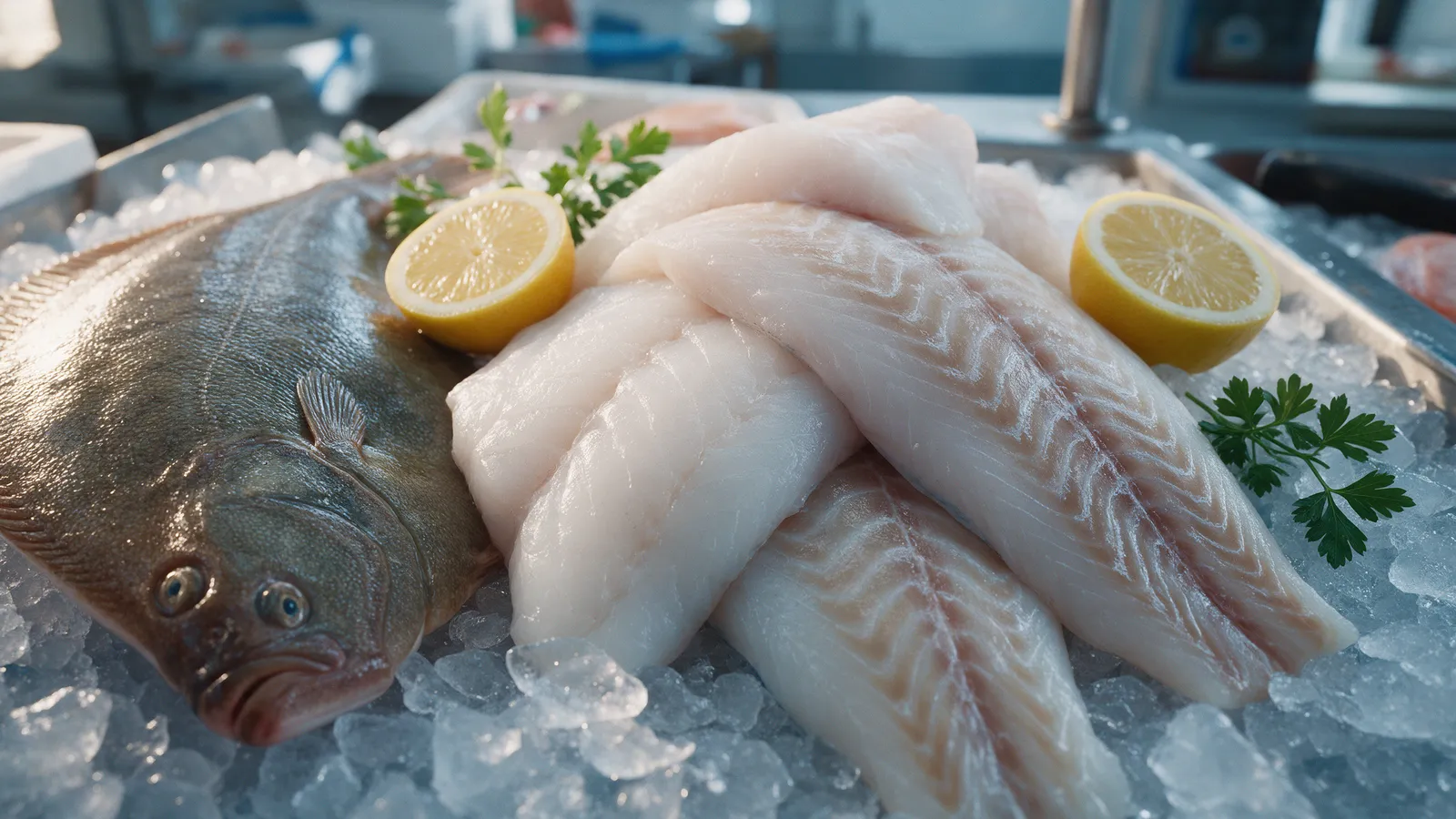 White fish fillets and a whole plaice laid on crushed ice with lemon halves and parsley at a fishmonger's counter