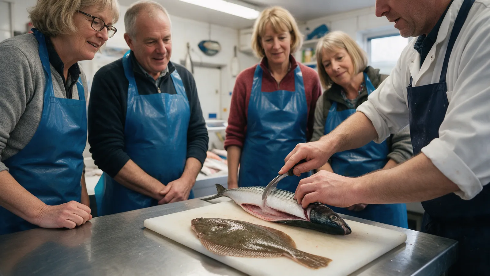 A fishmonger teaching a small group at a steel bench how to fillet a whole fish, hands on a knife, a whole plaice and a round fish on boards