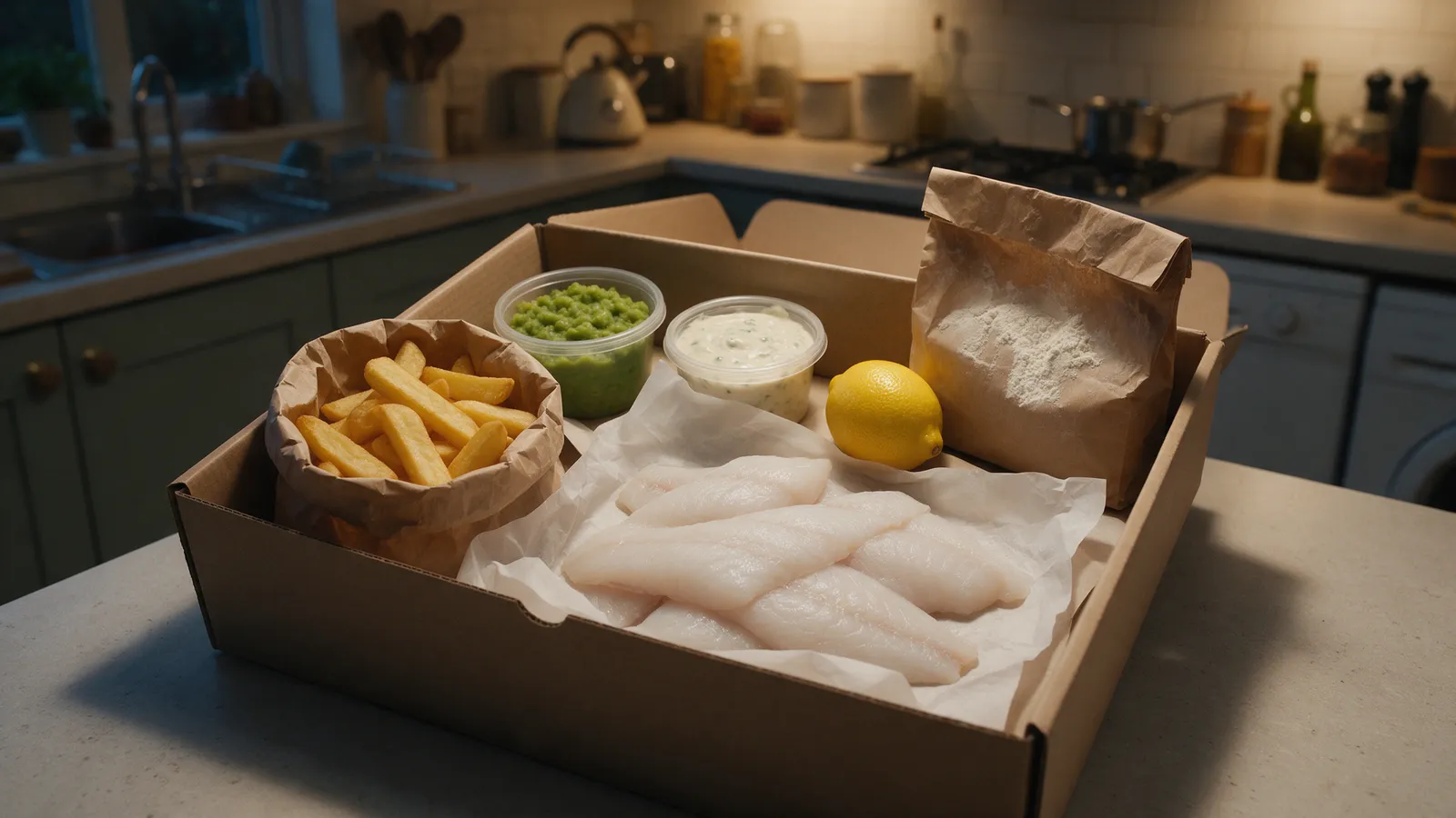 An open cardboard box on a kitchen worktop holding white fish fillets on paper, a bag of chips, a tub of mushy peas, a tub of tartare sauce, a lemon and a paper bag of batter mix
