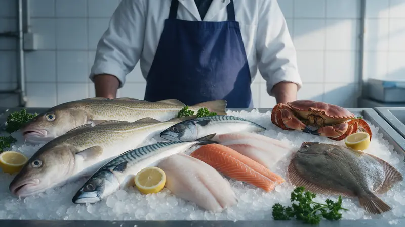 A fishmonger's counter: whole fish and fillets laid on crushed ice with lemons and parsley, a fishmonger in a white coat and blue apron behind, white tiles