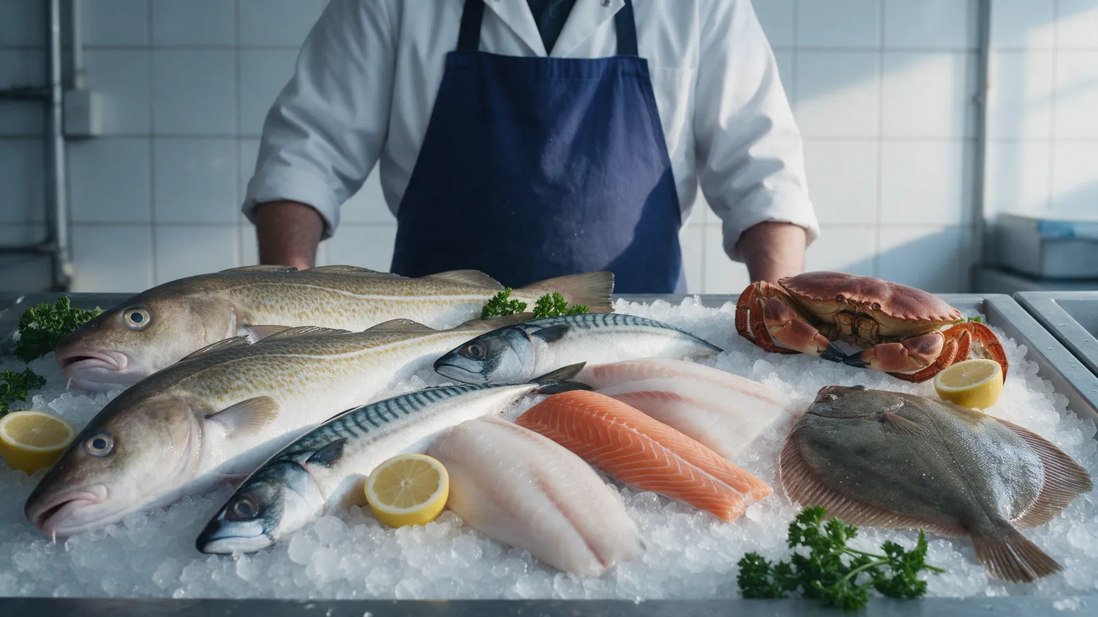 A fishmonger's counter: whole fish and fillets laid on crushed ice with lemons and parsley, a fishmonger in a white coat and blue apron behind, white tiles