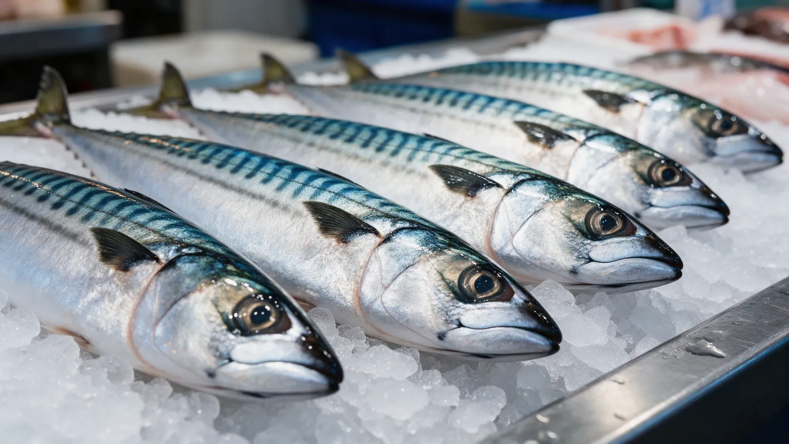 Whole mackerel with bright silver and blue-green striped skin laid in a row on crushed ice at a fishmonger's counter