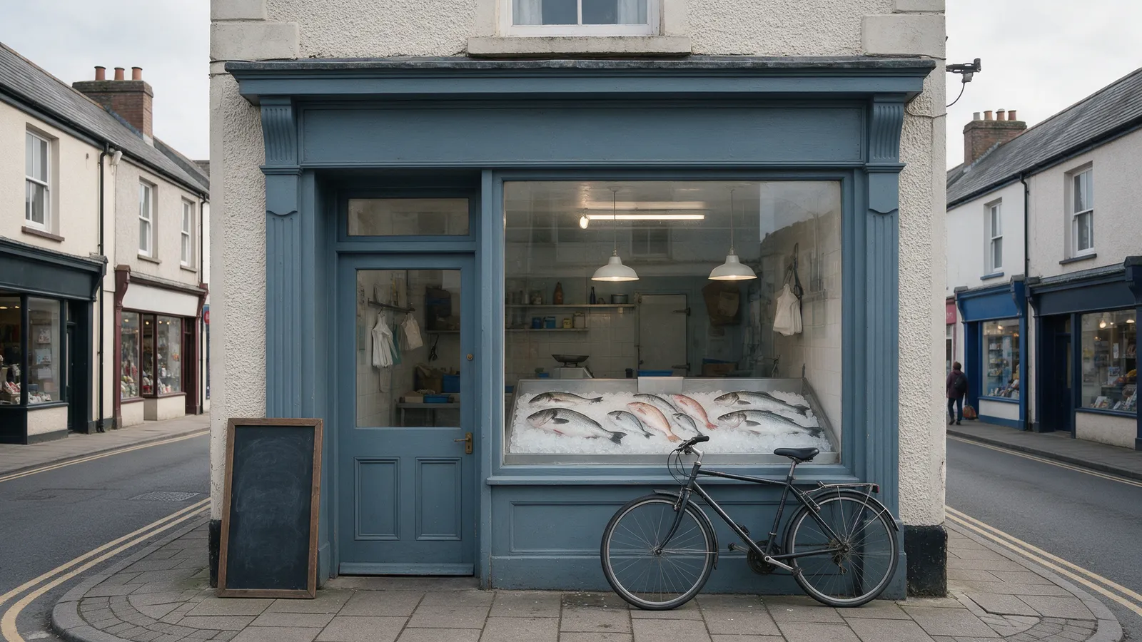 A slate-blue painted fishmonger's shopfront on Holton Road, Barry, with whole fish on ice in the window, a chalkboard by the door and a bicycle outside