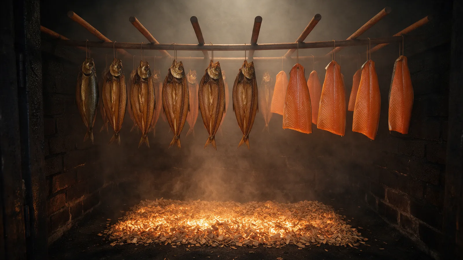 The inside of a small brick smokehouse: split herring and sides of salmon hanging on rods in a haze of oak smoke, a glowing bed of wood chips below