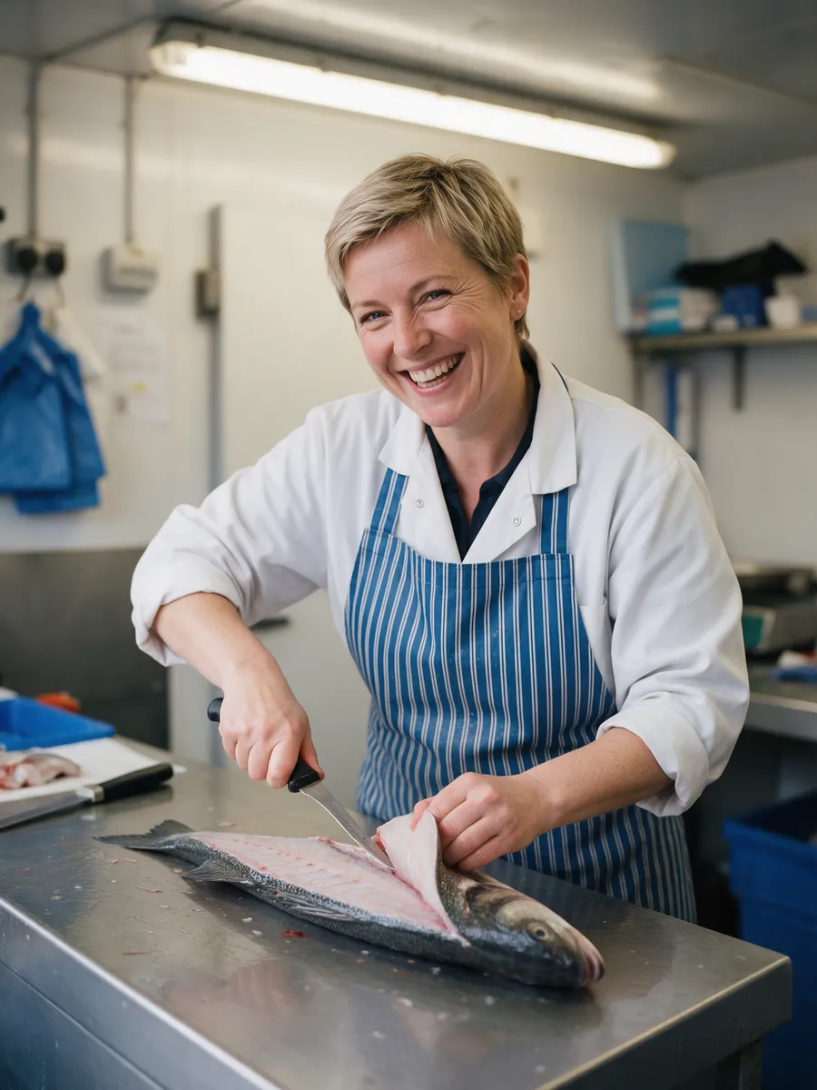 Siân Rees, a woman in her early forties with short fair hair and a wide smile, in a white coat and blue striped apron, filleting a fish on a steel bench with a flexible knife