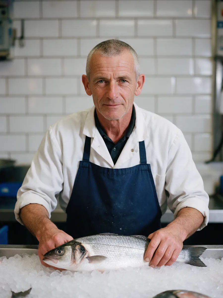 Gethin Morgan, a weathered Welsh man in his mid-fifties with cropped grey hair, in a white coat and dark blue apron, holding a whole fish on a bed of ice at a fishmonger's counter