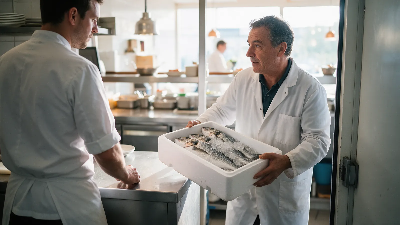 A fishmonger in a white coat carrying a polystyrene box of iced fish through the back door of a restaurant kitchen, a chef in whites waiting at a steel bench