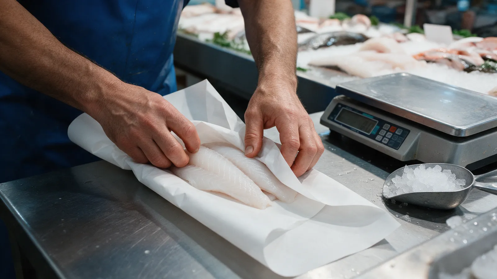 A fishmonger's hands wrapping fish fillets in white paper on a steel counter beside a scale and a bag of ice