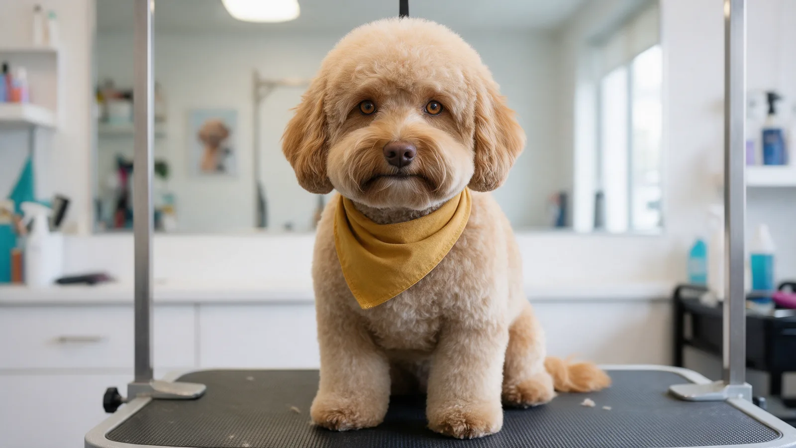 Biscuit after grooming: a neat rounded teddy-bear trim with his eyes visible and a mustard bandana