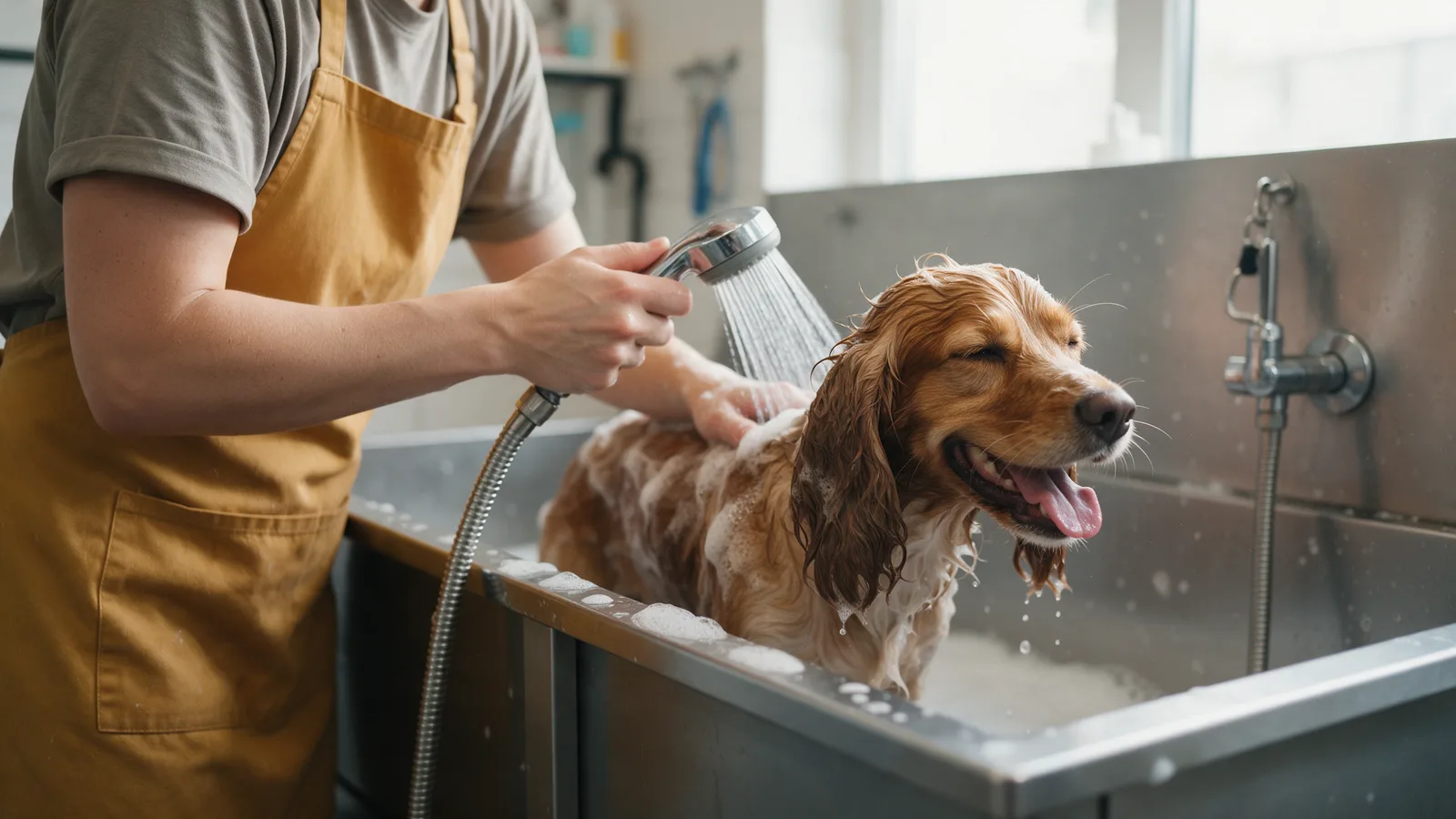 A groomer in a mustard apron bathing a wet spaniel in a raised steel bath with a shower spray