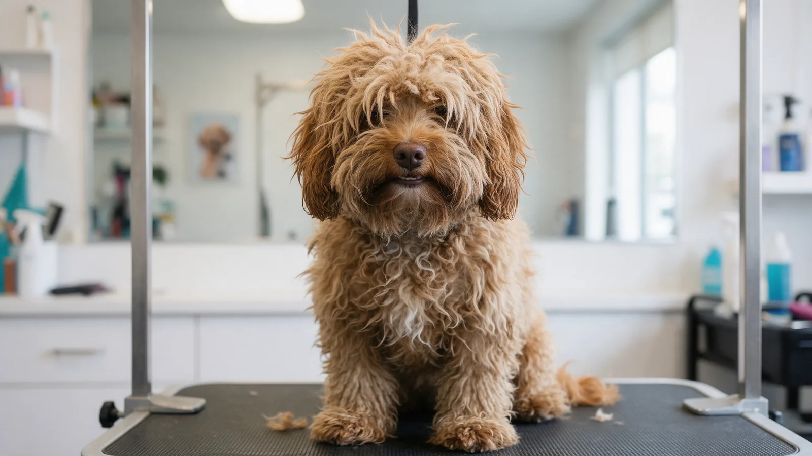 Biscuit the cockapoo before grooming: matted, overgrown coat hanging over his eyes