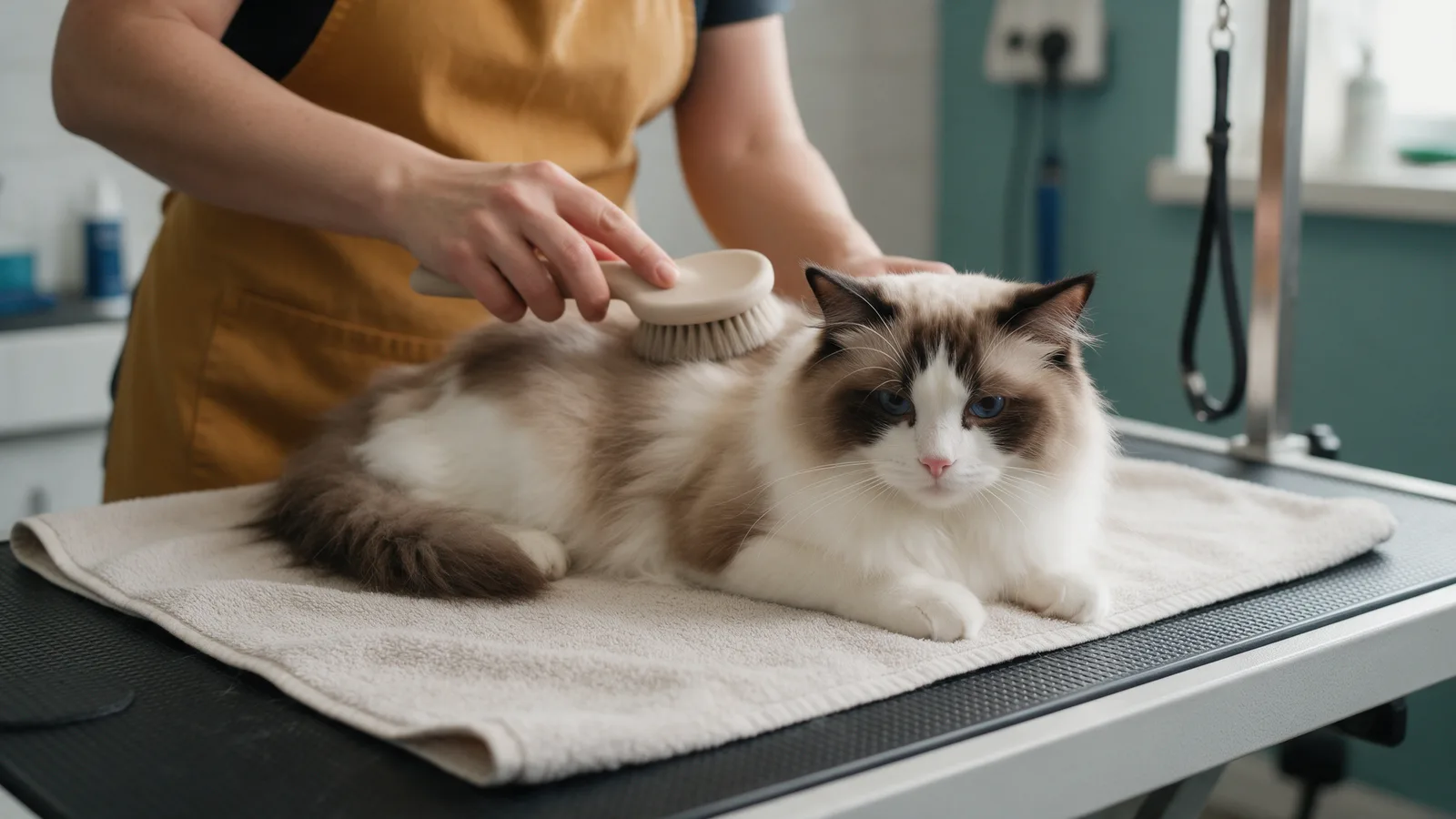 A fluffy ragdoll cat being gently brushed on a towel on a grooming table by a groomer in a mustard apron