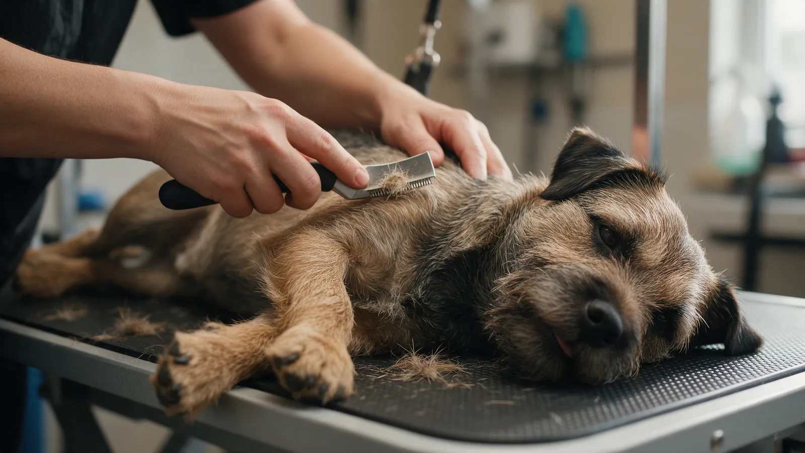 A groomer hand-stripping the wiry coat of a relaxed border terrier with a stripping knife