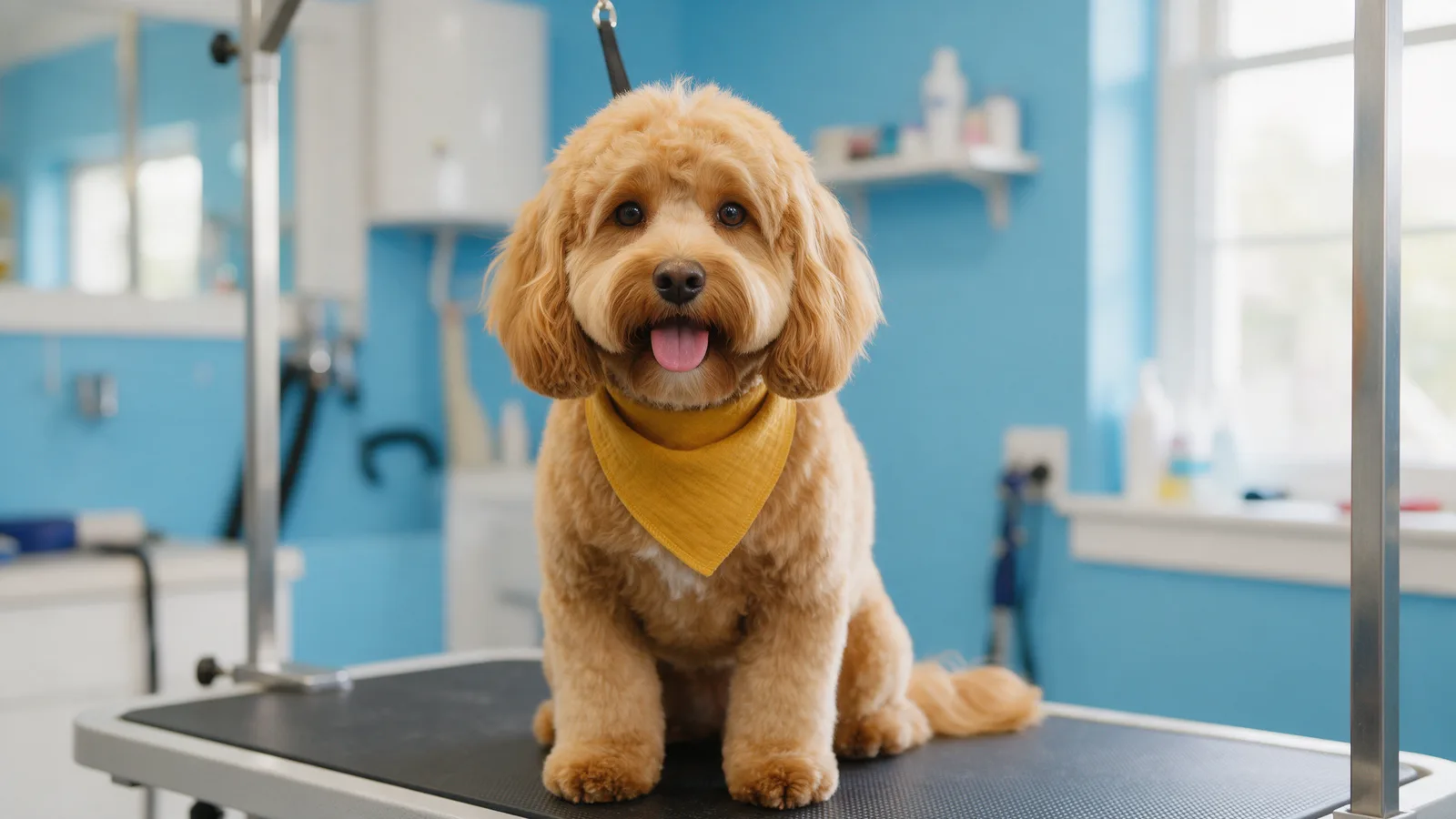 A freshly groomed golden cockapoo with a neat teddy-bear trim and a mustard bandana, sitting on a grooming table in a bright salon