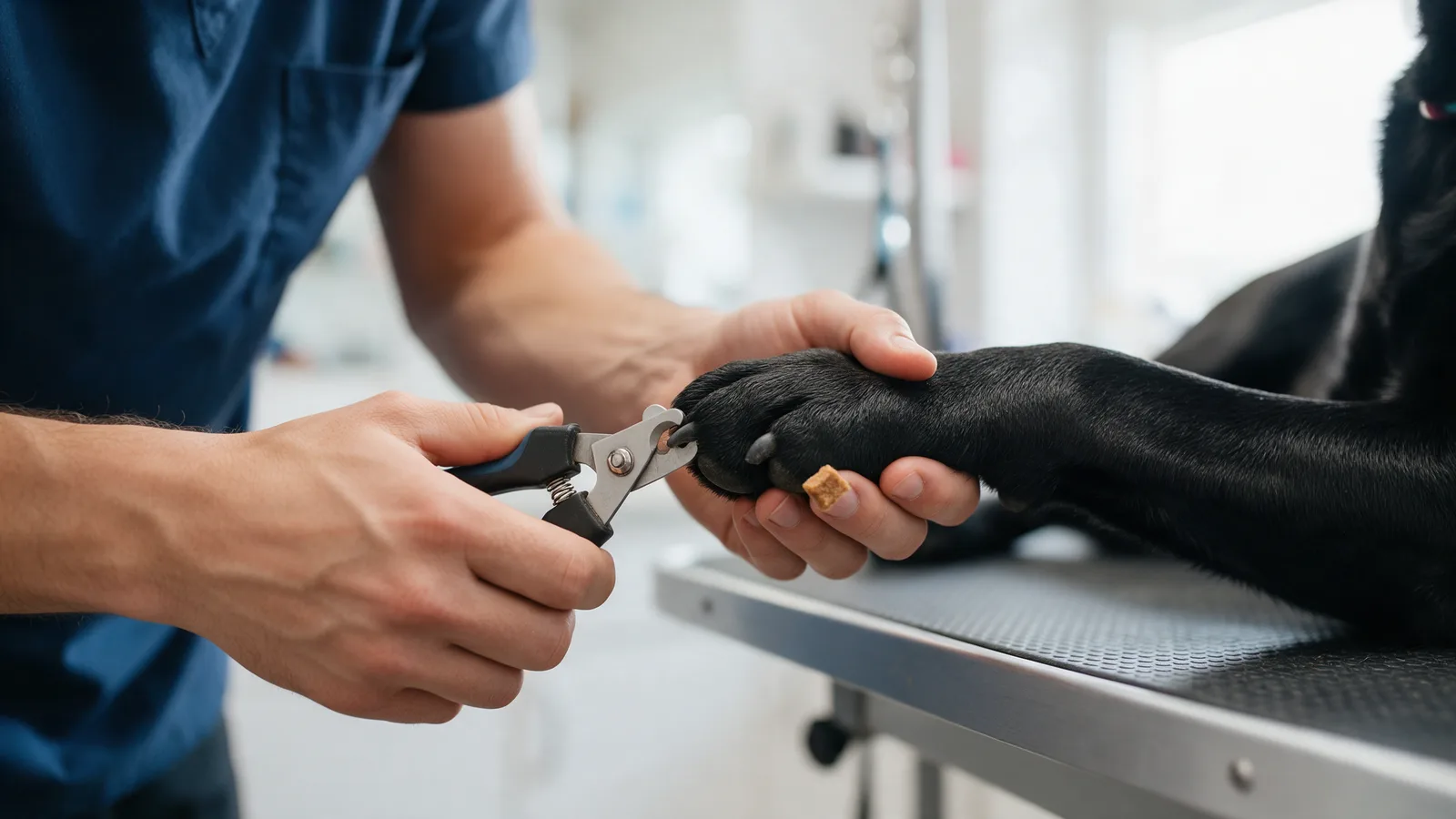 A groomer clipping the nails of a patient black labrador's paw while another hand offers a treat