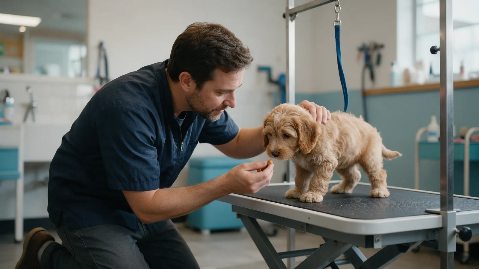 A small labradoodle puppy being gently introduced to a grooming table by a kneeling groomer offering a treat