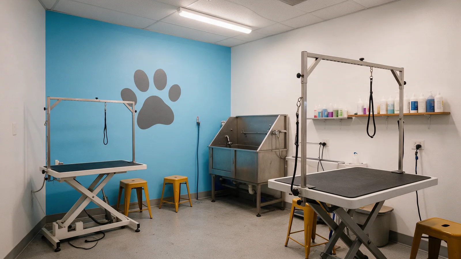 The salon: two grooming tables, a steel bath, a sky-blue wall with a paw mural and mustard stools