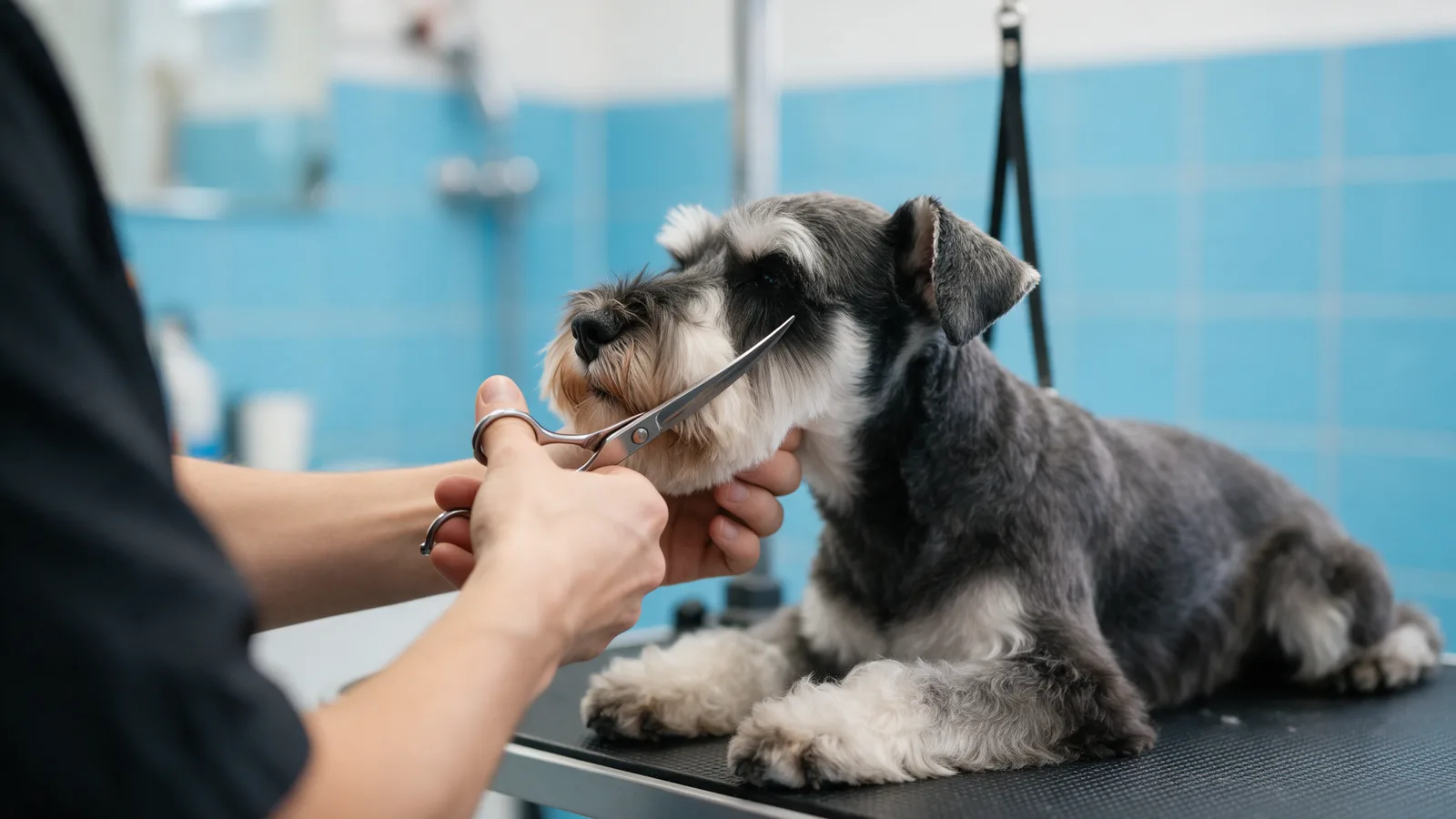 A groomer scissoring the beard of a calm miniature schnauzer on a grooming table in a bright blue-tiled salon