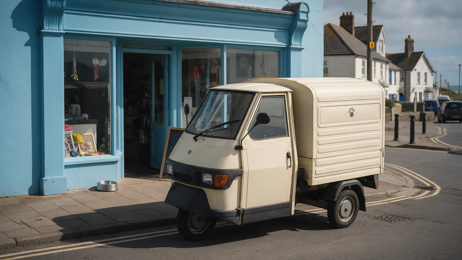 The sky-blue shopfront on Boverton Road with the cream van parked outside and a dog bowl by the door