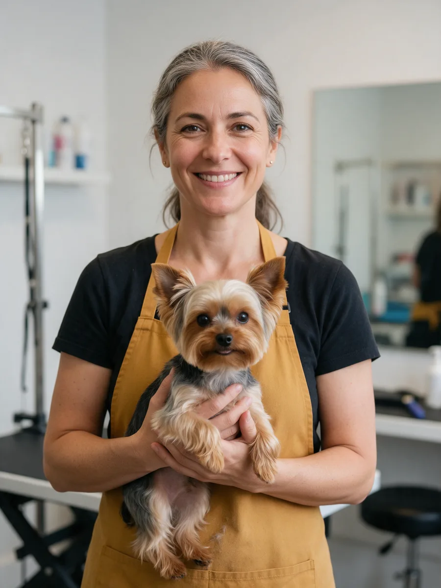 Bethan Morgan in a mustard apron holding a small freshly groomed Yorkshire terrier