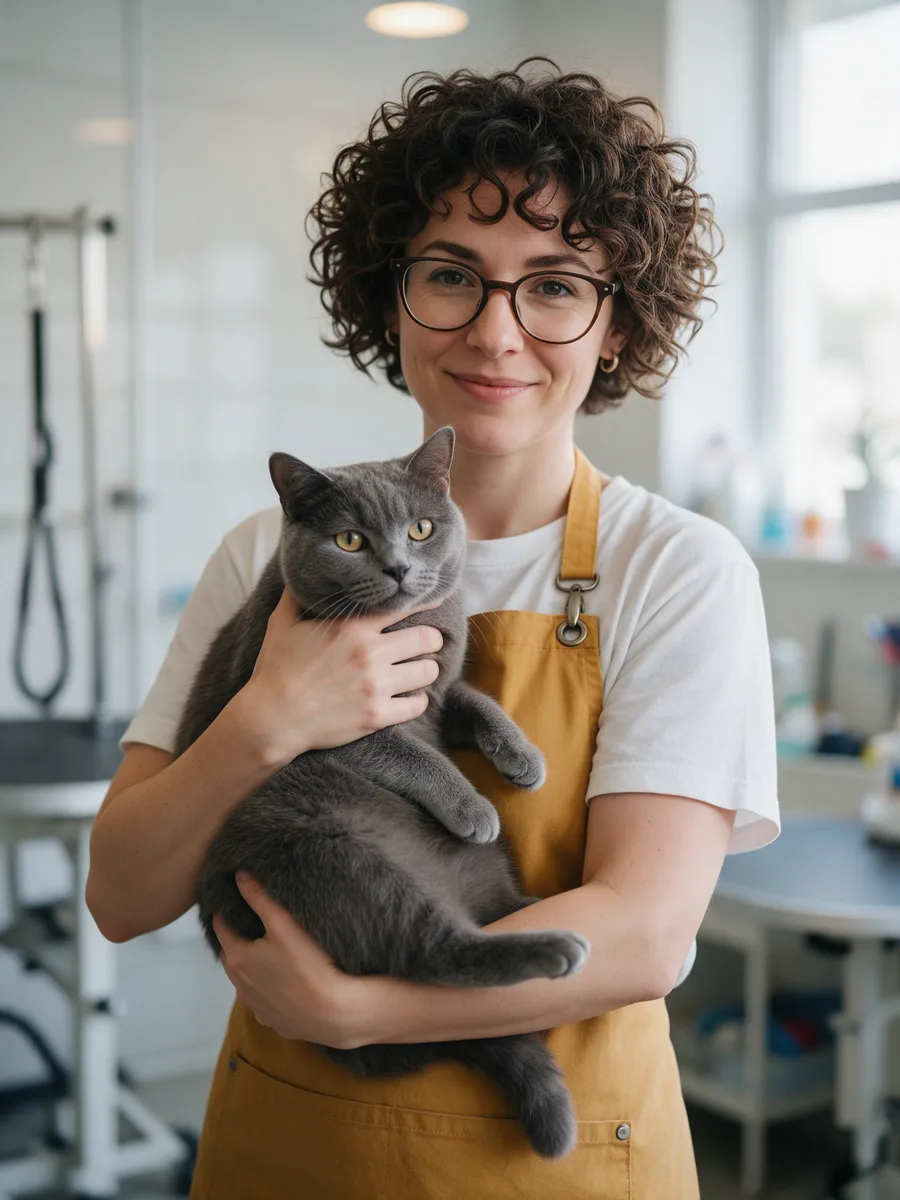 Nia Thomas with short curly hair and glasses, cradling a calm grey cat