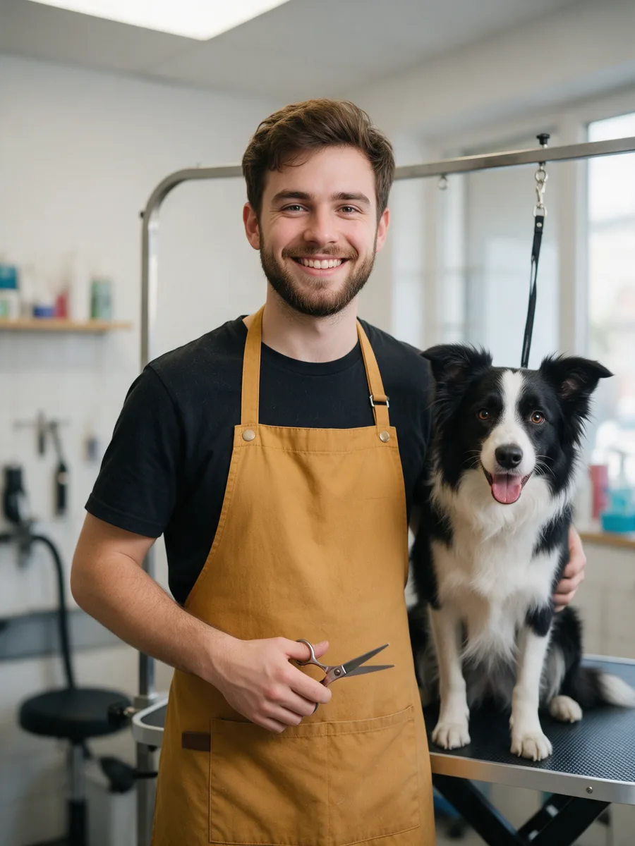 Rhys Davies in a mustard apron holding scissors, a border collie sitting beside him