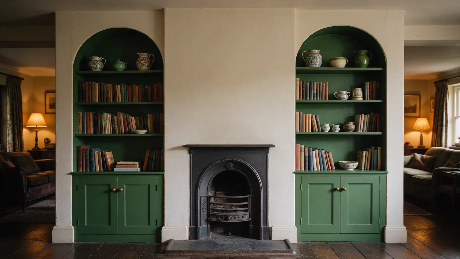 Painted deep green alcove cupboards and shelving either side of a cast iron fireplace, lit by lamplight