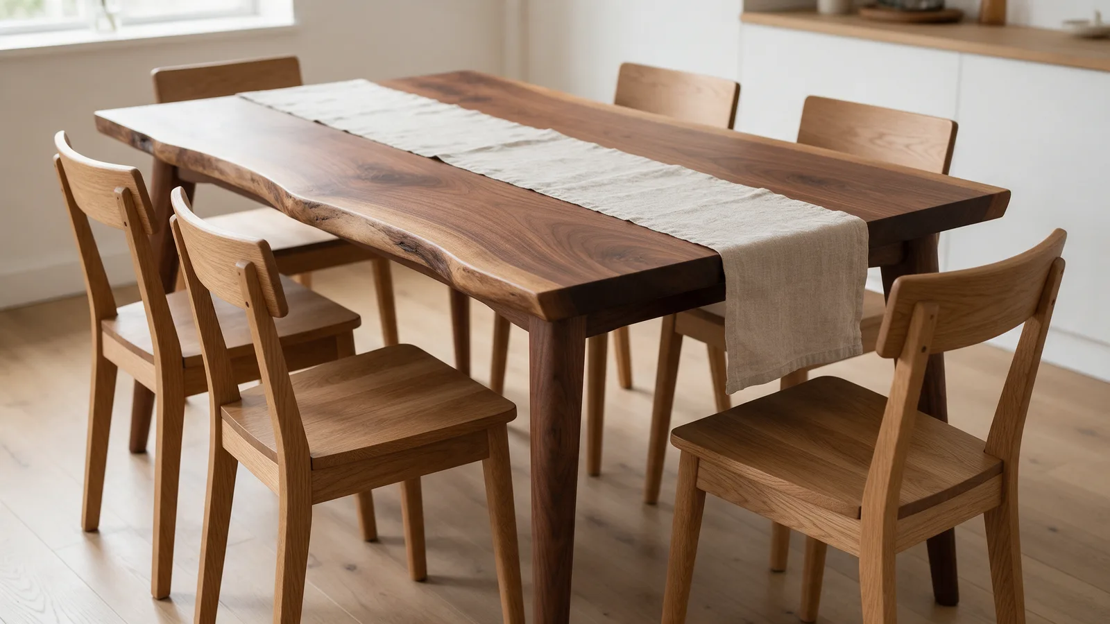 A bespoke solid walnut dining table with a live-edge top and tapered legs in a bright dining room with oak chairs