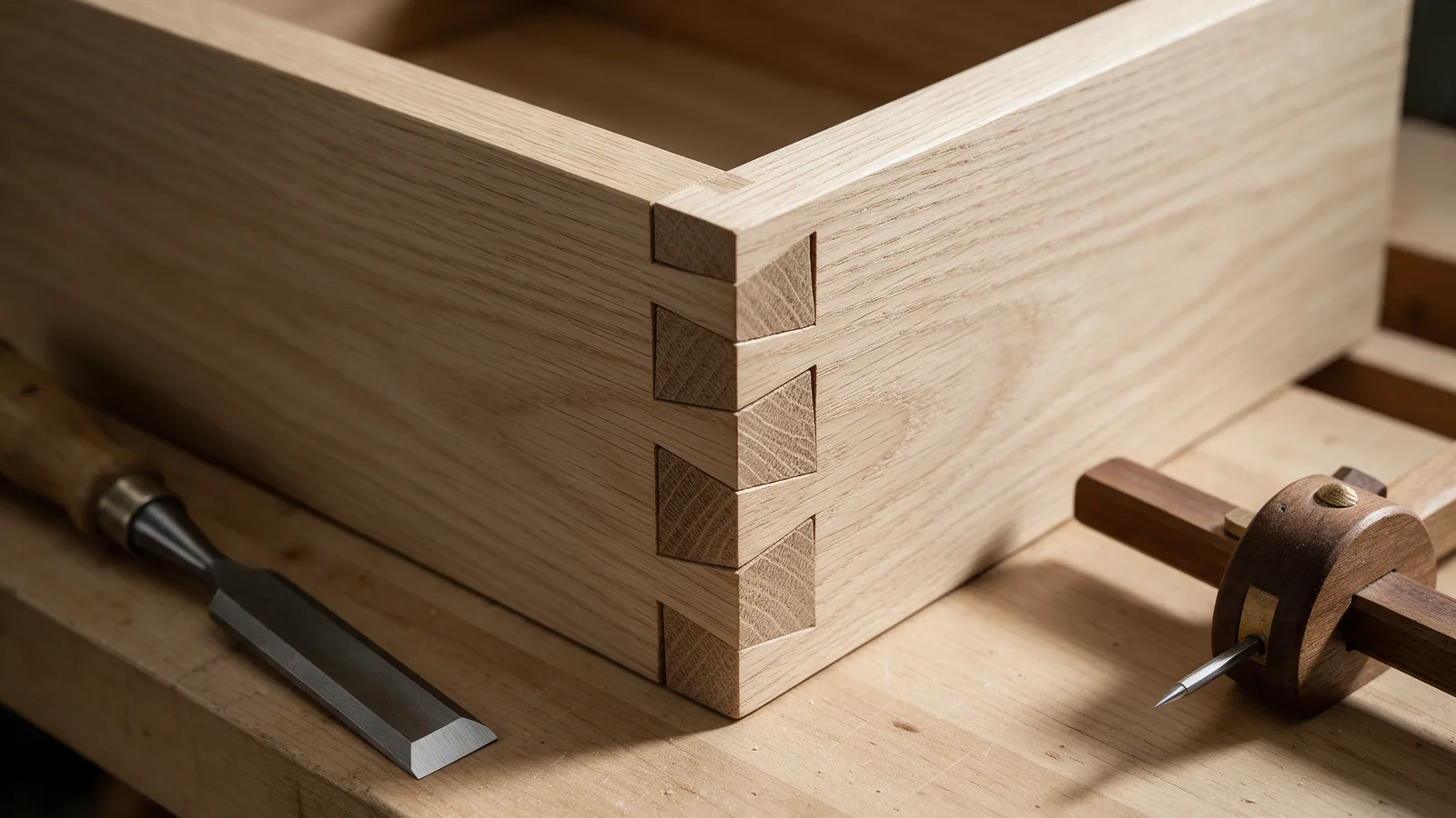 Close-up of hand-cut dovetail joints on an oak drawer corner with a chisel and marking gauge on the bench