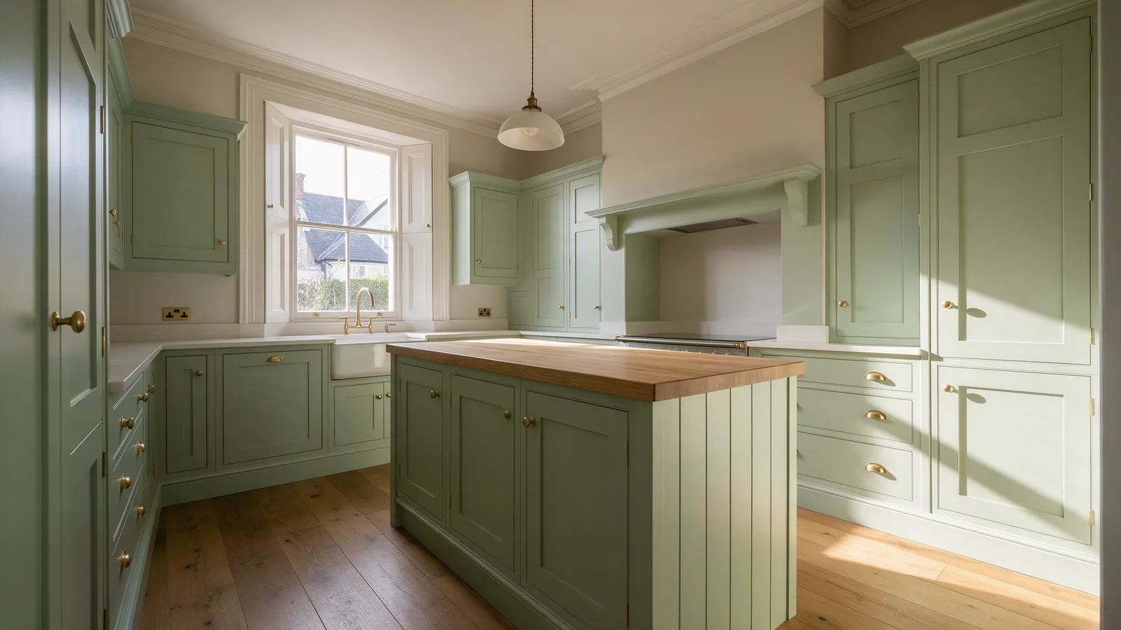 A bespoke painted Shaker kitchen in sage green with a solid oak island worktop and brass handles in a Victorian house