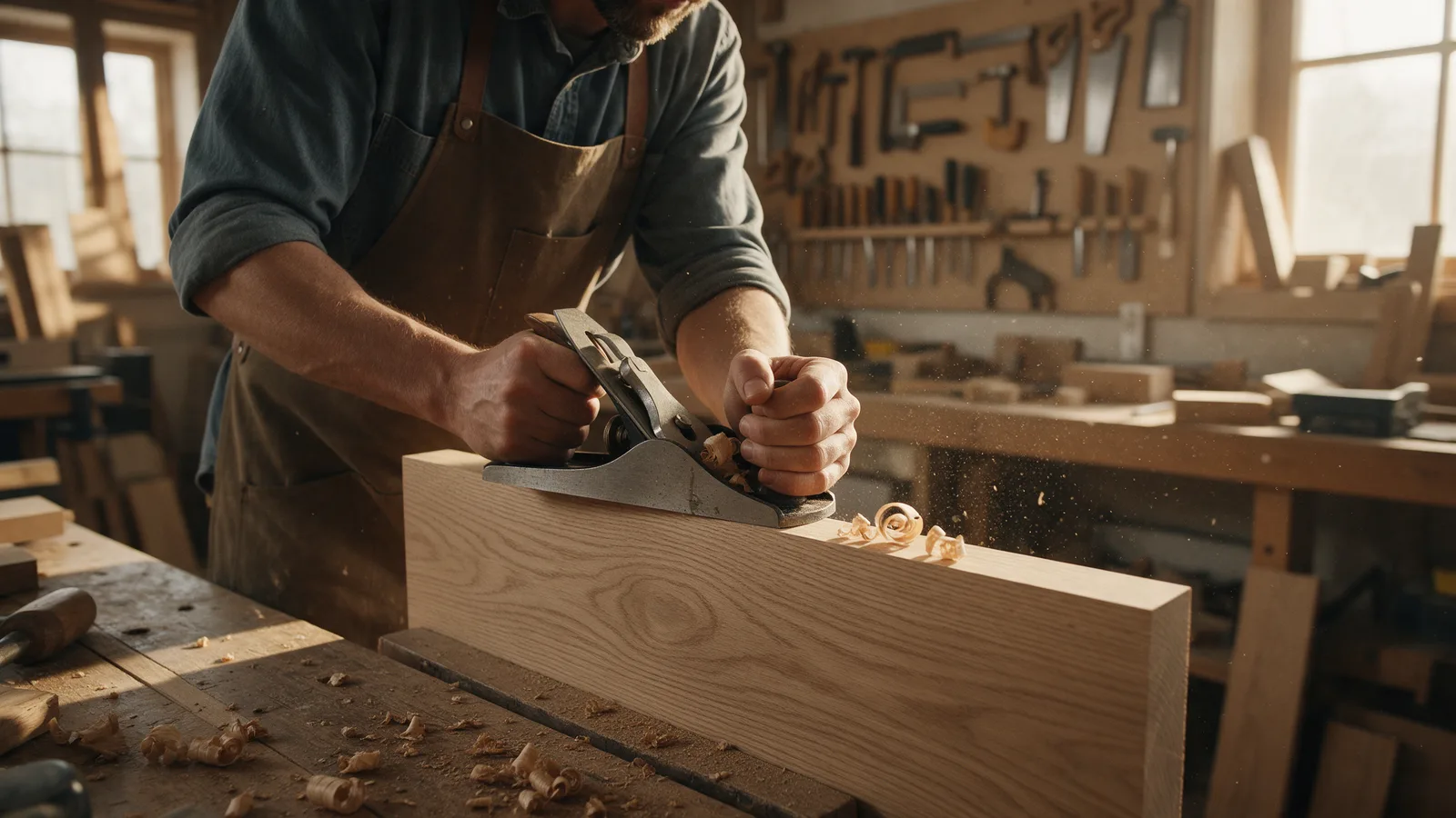 A joiner planing the edge of an oak board on a workbench with shavings curling and hand tools on the wall behind